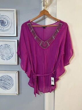 AGB Women’s Beaded V-Neck Tie-Waist Tunic Top Purple Size M